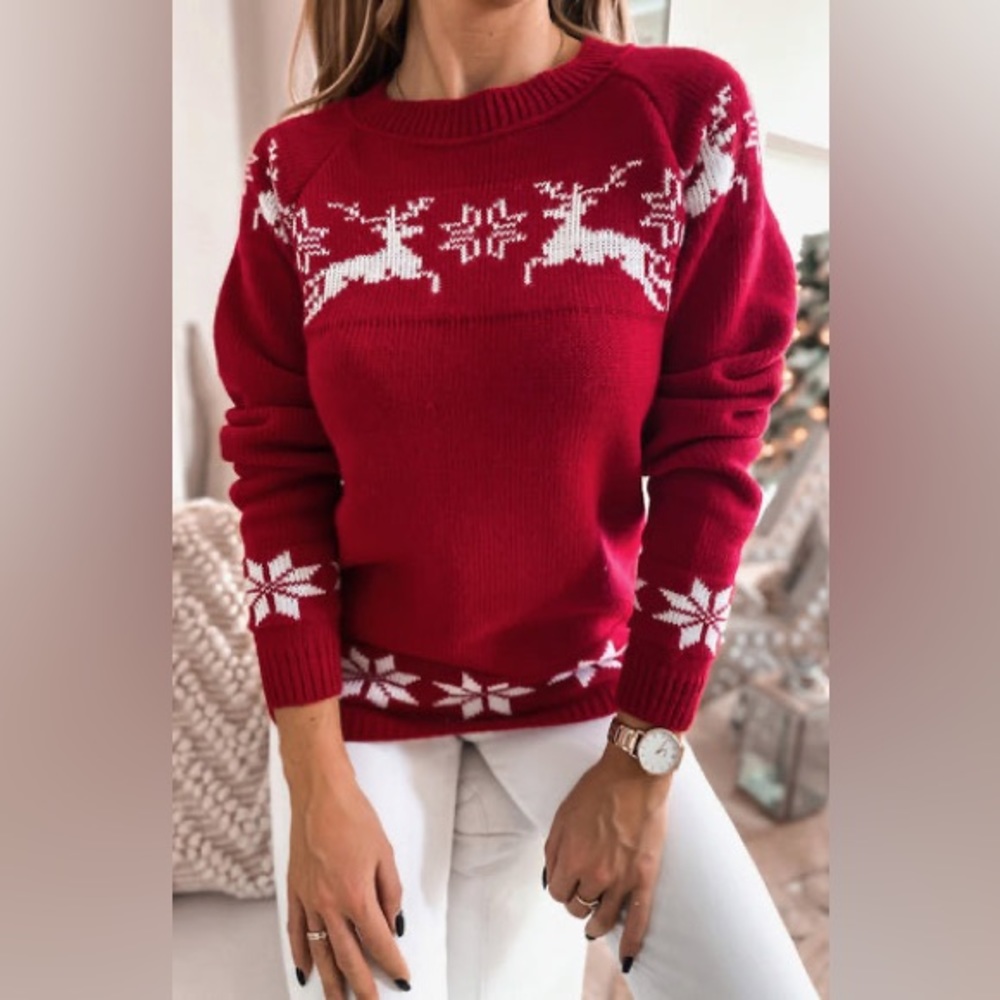 KAMALA 'REINDEER' KNITTED JUMPER SWEATER TOP-RED